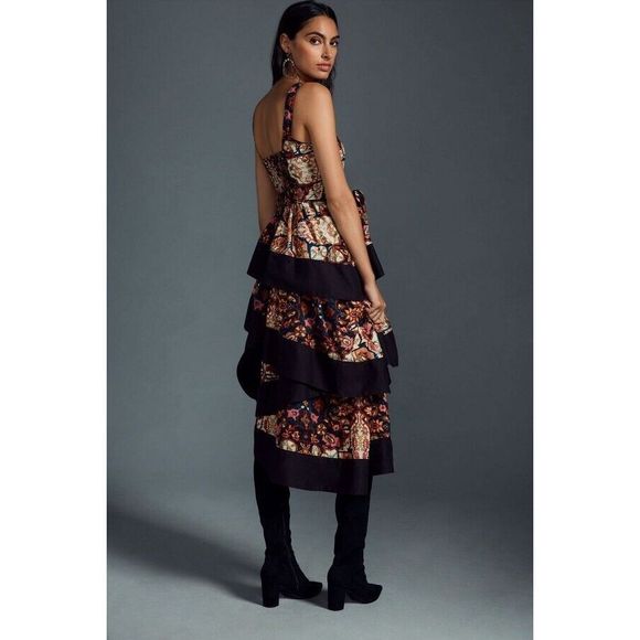 New Anthropologie Floral Print Square Neck Tiered Midi Dress Size Small - Picture 2 of 8